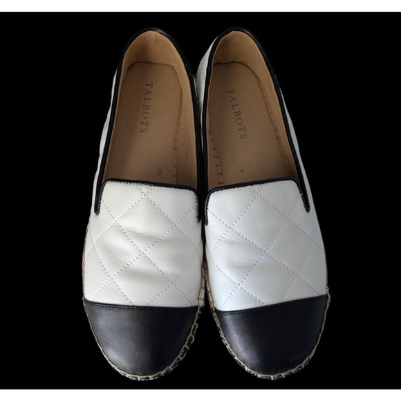 Talbots Izzy White Soft Leather Quilted Black Cap Toe Napa Espadrille Flats Sz 8 - Picture 2 of 8